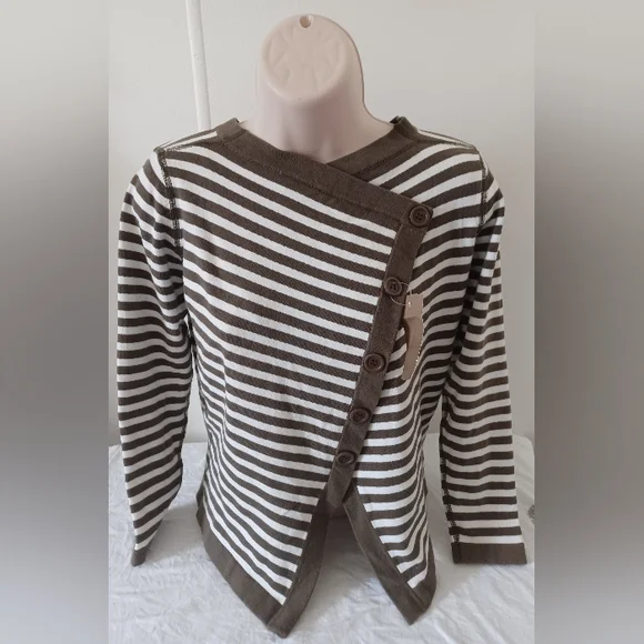 Mel & lisa asymmetrical green cream Stripes Cotton Sweater XS diagonal buttons v - Picture 1 of 6